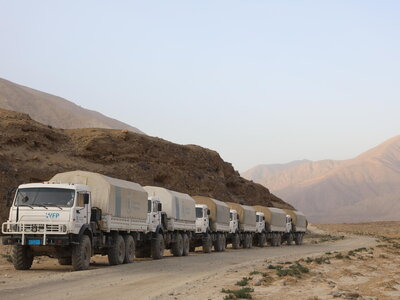 Photo: WFP/Sadeq Naseri A World Food Programme truck convoy heading to preposition food in rugged and remote areas.